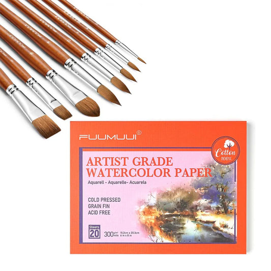 Fuumuui 8pcs Watercolor Brushes with 20 Sheets 5.8" x 8.3"  Watercolor Paper Pad