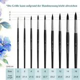 Ensemble de 9 pinceaux ronds pour aquarelle en poils d'écureuil Fuumuui affichant les 9 tailles de pinceaux de 0 à 16 avec leurs longueurs totales en centimètres pour les fournitures d'art.