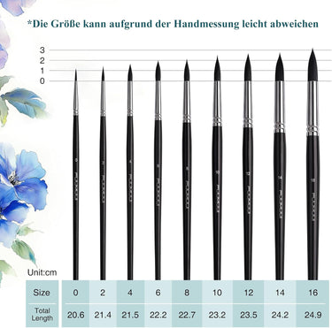 Fuumuui 9Pcs Squirrel Hair Round Watercolor Brush Set displaying all 9 brush sizes from 0 to 16 with their total lengths in centimeters for art supplies.