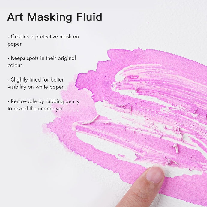 Fuumuui Masking Fluid demonstrated on paper: a hand rubs off the lightly tinted pink fluid, revealing clean, protected white areas underneath watercolor paint.