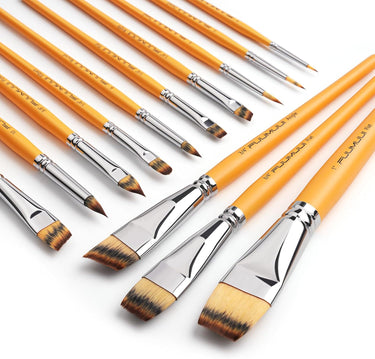 Fuumuui 13pcs Gesichts- und Acrylmalpinsel mit orangefarbenen Griffen und verschiedenen professionellen Pinselspitzen.