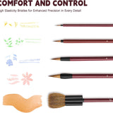 Fuumuui 5Pcs professional synthetic goat mixed hair watercolor brush set, featuring flat, round, and detail brushes alongside examples of fine to broad strokes they create. Emphasizes high elasticity bristles for superior comfort, control, and precision across watercolor, acrylic, gouache, and pottery art supplies.