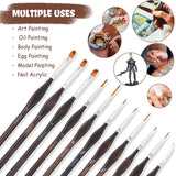 Fuumuui 11pcs professional nylon detail brushes in 7 assorted shapes, ideal for art, oil, body, egg, model, miniature, and nail acrylic fine detail painting.
