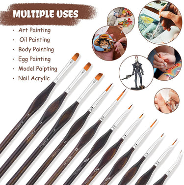 Fuumuui 11pcs professional nylon detail brushes in 7 assorted shapes, ideal for art, oil, body, egg, model, miniature, and nail acrylic fine detail painting.