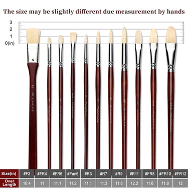 Fuumuui 11pcs Professional Bristle Oil Brushes set, displaying the full collection of various brush shapes and sizes, complete with a size chart indicating each brush's length in inches.