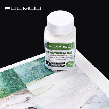 Fuumuui Masking Fluid 80ml (2.7 US fl.oz) white bottle, an easy-to-peel watercolor medium.