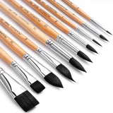 Pennelli professionali Fuumuui in scoiattolo sintetico da 10 pezzi per artisti, con forme piatte, rotonde a punta, a daga e ovali a lingua di gatto. <alt>Set di pennelli Fuumuui in scoiattolo sintetico: forme diverse</alt>
