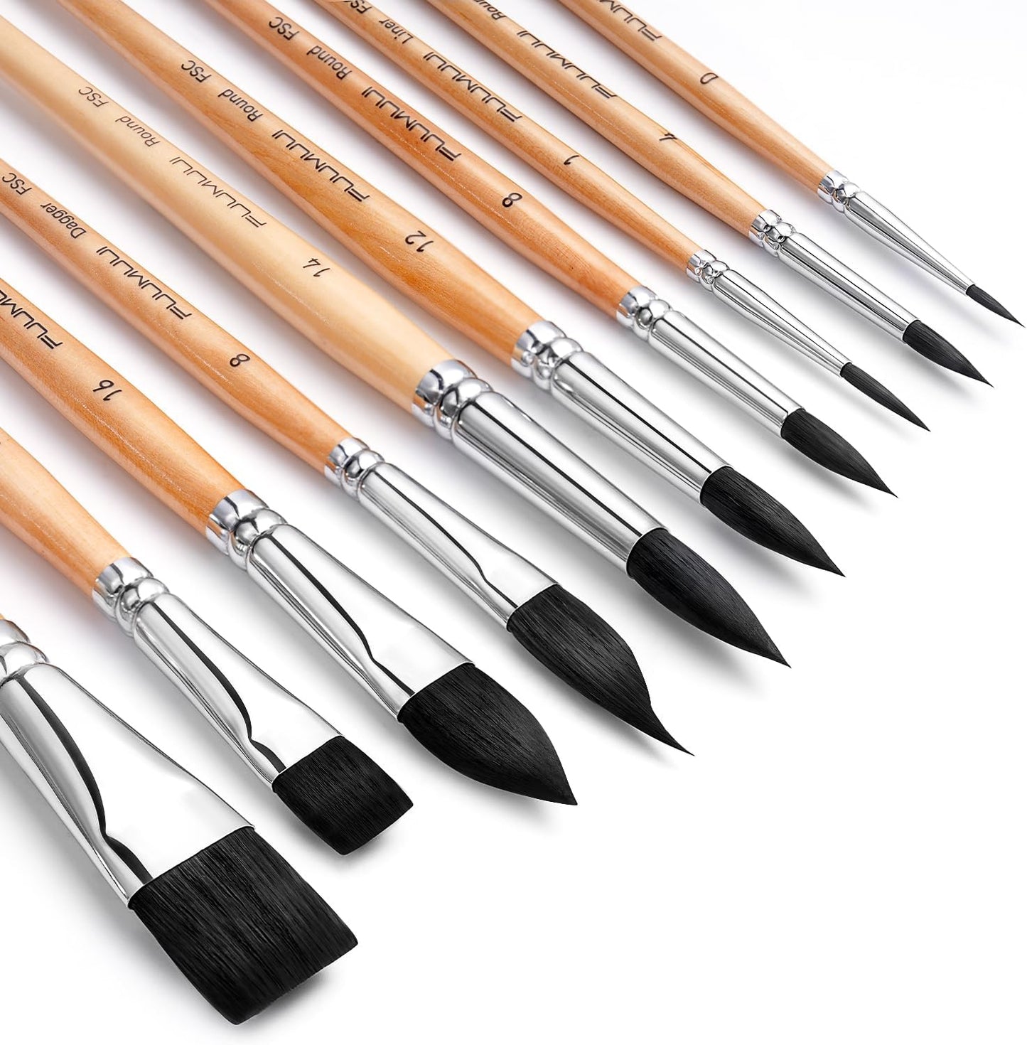 Fuumuui 10pcs Professional Synthetic Squirrel Paint Brushes for Artists - Flat, Round Pointed, Dagger, Cats Tongue Oval Wash