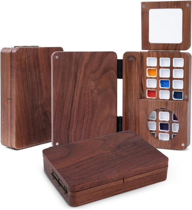 Fuumuui Travel Watercolor Palette 24 Grids. Elegant foldable wooden case displayed open, revealing vibrant paint pans and a compartment for 2pcs Sable Travel Watercolor Brushes.
