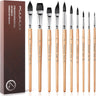 Pennelli professionali Fuumuui in scoiattolo sintetico da 10 pezzi per artisti, con punte piatte, rotonde, a punta, a daga, a lingua di gatto e liner con manici in legno naturale, mostrati accanto alla loro confezione regalo di materiali artistici premium. <alt>Pennelli Fuumuui: confezione regalo di pennelli in scoiattolo sintetico</alt>