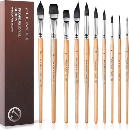 Fuumuui 10pcs Professional Synthetic Squirrel Paint Brushes for Artists - Flat, Round Pointed, Dagger, Cats Tongue Oval Wash