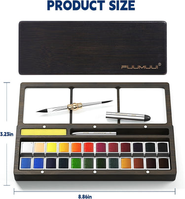 Fuumuui 24 Colors Watercolor Paint art supplies set, shown open in its dark wooden palette with two dual tip travel watercolor brushes and a sponge.