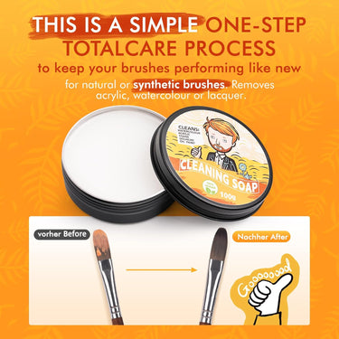 Fuumuui Pinselreiniger - 100% vegane Pinselreinigungsseife in einer Dose, die einen schmutzigen Pinsel "vorher" und einen blitzsauberen Pinsel "nachher" zeigt. Diese Fuumuui Reinigungsseife entfernt effektiv Acryl-, Aquarell-, Gouache- und Ölfarbe von natürlichen und synthetischen Pinseln.