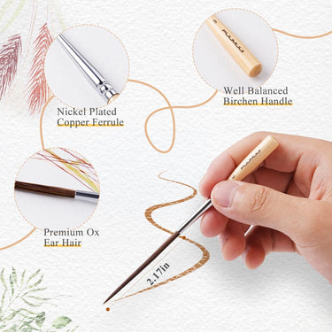 Fuumuui Long Liner Künstlerpinsel mit hochwertigen Ochsenohrhaarborsten, vernickelter Kupferzwinge und ergonomischem Birkenholzgriff für präzise feine Linienmalerei.