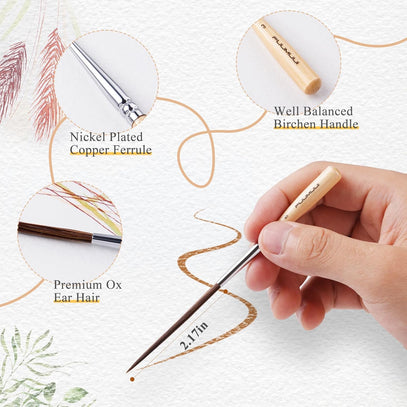 Fuumuui long liner artist brush detailing premium ox ear hair bristles, nickel plated copper ferrule, and ergonomic birch handle for precision fine line painting.