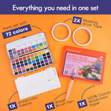 Fuumuui Watercolor Paint Set with 72 bright colors, displayed with a white watercolor palette, water brush pen, Fuumuui 100% cotton watercolor paper, and two rolls of masking artist tape, forming a complete art kit.
