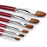 Fuumuui 6pcs professional red sable watercolor filbert brushes with red handles and silver ferrules.