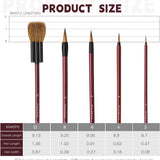 Fuumuui professional 5Pcs synthetic goat mixed hair water color paint brush set size chart, detailing overall length, hair length, and hair width for flat, round, and detail brushes, also applicable for pottery, acrylic, and gouache.
