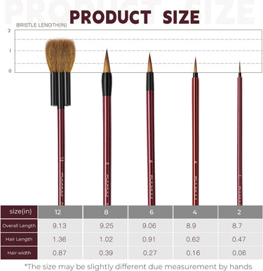 Fuumuui professional 5Pcs synthetic goat mixed hair water color paint brush set size chart, detailing overall length, hair length, and hair width for flat, round, and detail brushes, also applicable for pottery, acrylic, and gouache.