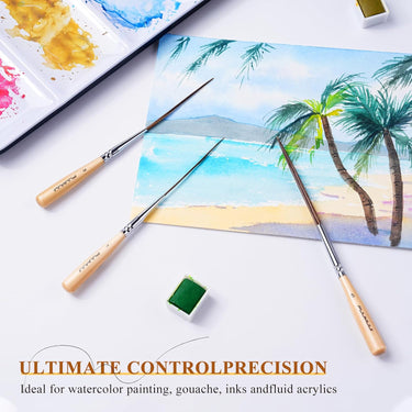 Fuumuui Long Liner Pinselset für Präzisionsaquarell-, Gouache- und Acrylmalerei, mit drei feinen Detailpinseln mit einem Kunstwerk und einer Palette.