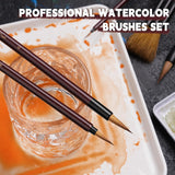 Fuumuui professional watercolor brushes set featuring two synthetic goat mixed hair paint brushes dipped in a glass of water on a paint-stained white palette, suitable for watercolor, acrylic, and gouache art.