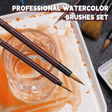 Fuumuui professional watercolor brushes set featuring two synthetic goat mixed hair paint brushes dipped in a glass of water on a paint-stained white palette, suitable for watercolor, acrylic, and gouache art.