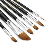 Sable Watercolor Brushes Professional, Fuumuui 6PCs Sable Brush Set Variety Shapes with Dagger Round Pointed Liner Filbert Perfect for Watercolor Gouache Inks Painting