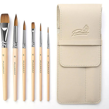 Fuumuui Ensemble de 6 pinceaux de voyage en martre pour aquarelle avec manches en bois et étui de transport crème.