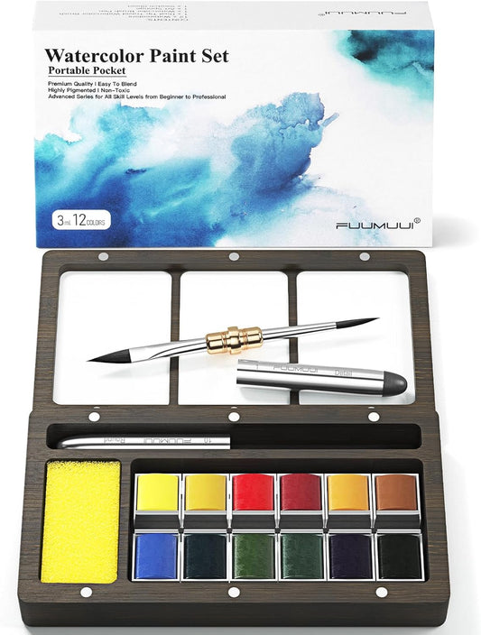 Fuumuui Watercolor Paint Set, 12 Watercolor Paints with Dual Tip Travel Watercolor Brushes Wooden Palette, Art Supplies for Painting, Travel Watercolor Set, Amateur Hobbyists