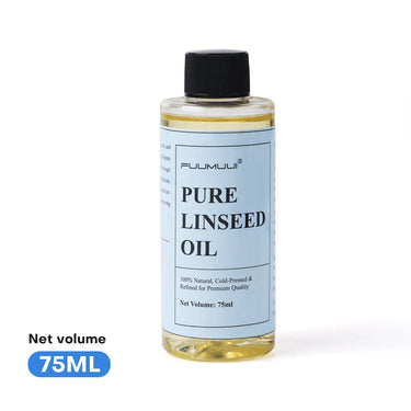 75ml bottle of Fuumuui pure refined linseed oil for artist grade oil painting.