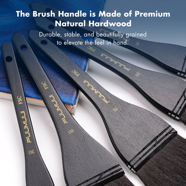 Fuumuui 5pcs squirrel hair flat watercolor hake brushes featuring premium natural hardwood handles with a visible wood grain and gold Fuumuui logo.