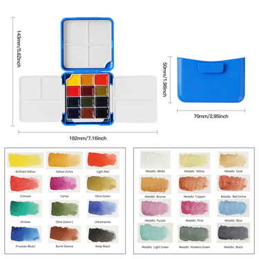 Fuumuui Portable 24-Color Double-Layer Watercolor Set open, displaying 12 standard and 12 metallic watercolor paints, triple mixing palettes, and a sturdy blue water bucket, with detailed color swatches of all shades.