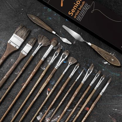 Oil Paint Brush Set - 15 Pieces Professional Natural Badger Hair Paint Brushes, Artist Paint Brush Set for Canvas Painting Acylic with Palette Knife