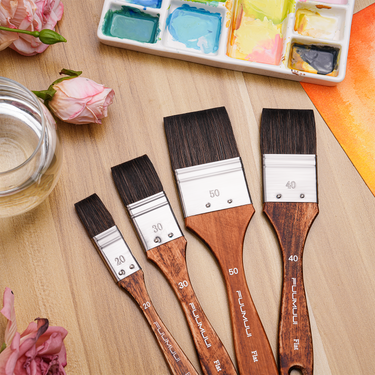 Fuumuui 4-teiliges Pinselset mit flachen Pinseln aus Tierhaar 20/30/40/50 mm, mit Holzgriffen, für Aquarellkunst.