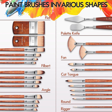 Fuumuui Professional Ensemble de 26 pinceaux pour peinture acrylique en nylon, détaillant les diverses formes de pinceaux, notamment plat, filbert, angle, éventail, langue de chat, rond, rigger, plus 2 couteaux à palette. - Découvrez l'ensemble complet de pinceaux pour tous vos besoins artistiques.