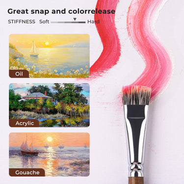 Set di pennelli piatti in pelo di tasso 4 pezzi Fuumuui con manico in legno marrone che dimostra l'applicazione di vernice rosa vivace, mostrando grande scatto e rilascio del colore per pittura acrilica, a olio e gouache, insieme a opere d'arte di esempio.