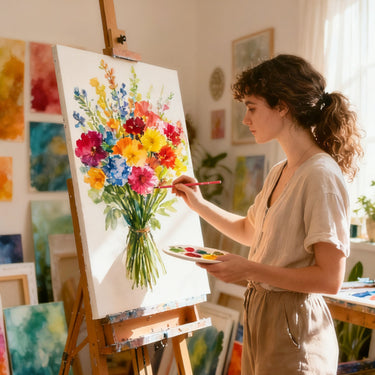 Giovane artista che dipinge un vivace bouquet di fiori ad acquerello con un pennello per acquerello in pelo di capra rosso FUUMUUI, realizzato a mano, che mostra eccellente assorbimento e flusso.