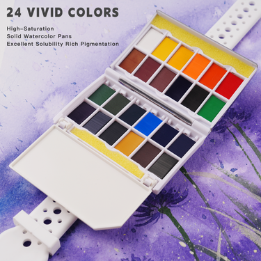 Kit acquerello portatile Fuumuui: tavolozza da viaggio a 24 colori con godet di acquerello solido vivido e ad alta saturazione, pennello e spugna inclusi per l'arte portatile.