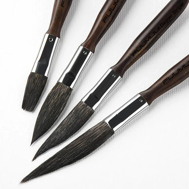 Set di 4 pennelli per filettatura in pelo di scoiattolo Fuumuui con manici in legno scuro e setole a punta, incluso un pennello a strisce a pugnale, per un controllo di filettatura ad alte prestazioni.