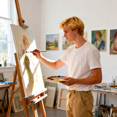 Professional artist uses a Fuumuui 6-Piece Badger Hair Dome Round Brush Set for precise strokes and control while painting a portrait in a sunlit studio.