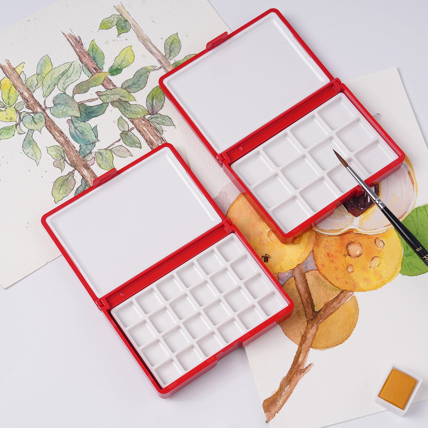 Watercolor Palette Box Portable 24 & 12 Holes Palette Box Mini Size Red Palette with Lid for Watercolor
