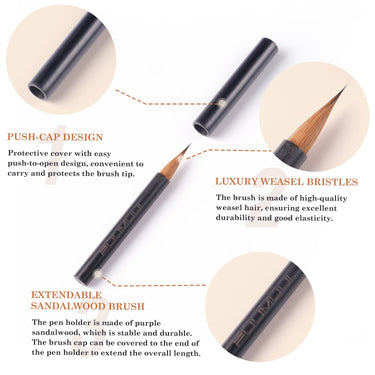 Fuumuui tragbarer zweiteiliger Kalligraphie-Pinsel mit Wieselhaaren für unterwegs mit: schützender Druckkappe, luxuriösen Wieselborsten und ausziehbarem Griff aus violettem Sandelholz.