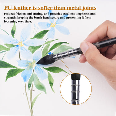 Pinceau aquarelle professionnel Fuumuui avec corps imprimé et joint en cuir PU sécurisé, utilisé par un artiste pour peindre des fleurs bleues.