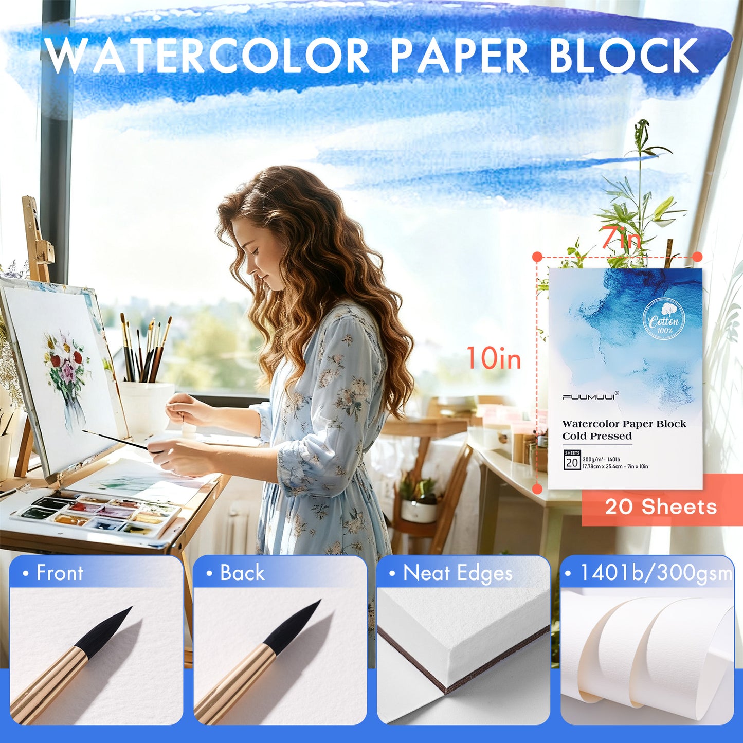 FUUMUUI 7x10” 100% Cotton Watercolor Pad – 20 Sheets, 300gsm, Cold Press, Gum-Bound on 4 Sides