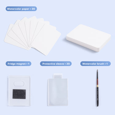 Contents of the Fuumuui ACEO Watercolor Paper Set: 20 cards, protective sleeves, fridge magnet, and watercolor brush.