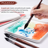 Set di pennelli a punta tonda in pelo di scoiattolo naturale FUUMUUI da 6 pezzi utilizzato per dipingere acquerelli vivaci su una tavolozza, con altri pennelli artistici Fuumuui.
