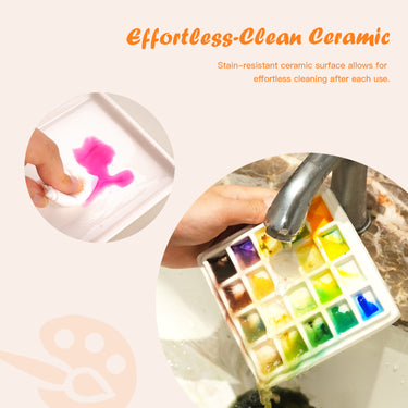 Fuumuui Art Supplies: Tavolozza in ceramica a 20 pozzetti che dimostra una pulizia senza sforzo. Una mano pulisce la vernice dal vassoio di miscelazione in porcellana antimacchia, mentre un'altra tavolozza viene sciacquata sotto un rubinetto, ideale per gli artisti.