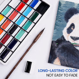 Fuumuui 24-Color Opaque Semi-Solid Watercolor Paint Set - Earthy Color, featuring a vibrant palette of rich pigments like red, blue, green, and black, alongside a traditional art brush and a finished panda watercolor painting, showcasing Fuumuui Art Supplies.