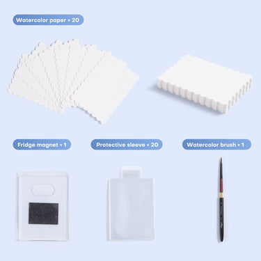 Fuumuui ACEO Watercolor Paper Set: 20 stamp-shaped watercolor papers, fridge magnet, protective sleeves & a portable brush.