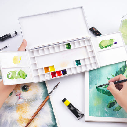 Fuumuui Portable Folding Watercolor Palette – 36 Wells with 4 Mixing Areas, Compact Travel Paint Box for Artists, Students, and Outdoor Sketching